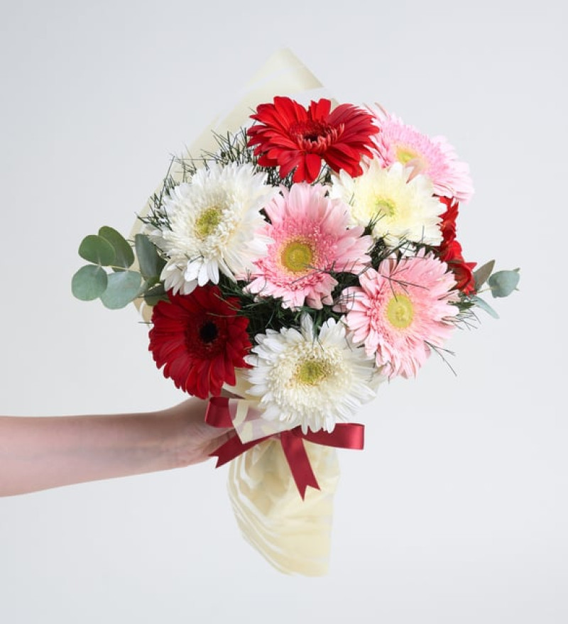 Zarif Krem Bukette Rengarenk Gerbera Çiçekleri