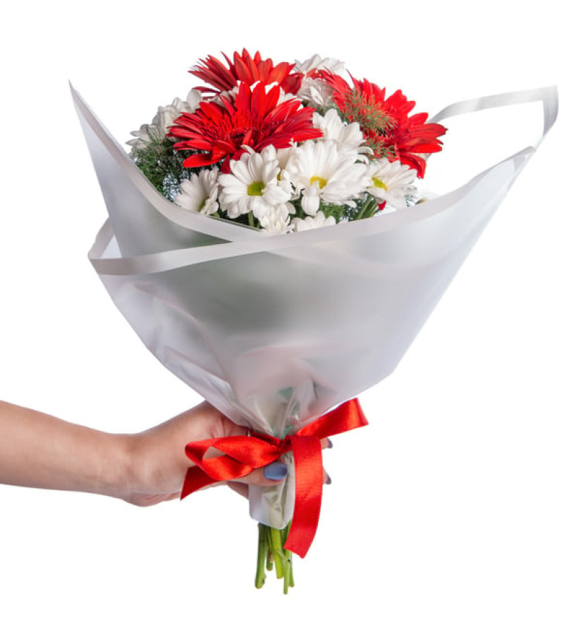 Romantik Beyaz Papatya ve Kırmızı Gerbera Çiçek Buketi
